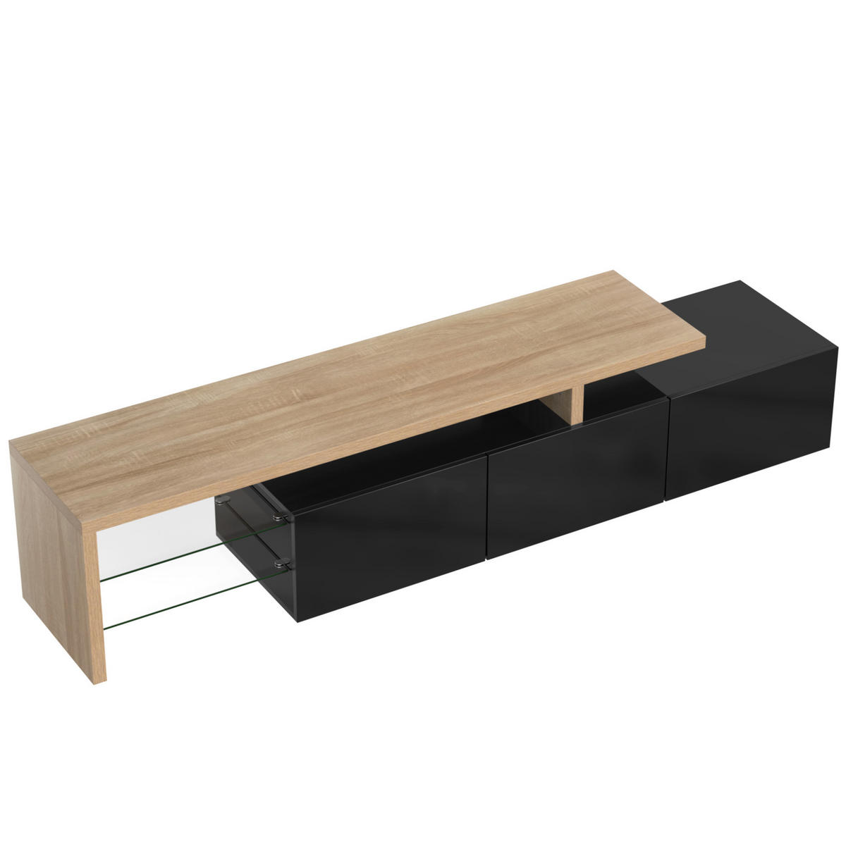TV-SCHRANK aus MDF und Glas 197,5x39x42 cm Natur/Schwarz mit 3 Türen, Glasböden und 7-farbiger LED-Beleuchtung - Naturfarben, Holzwerkstoff (197.5/42/39cm) - Modfu
