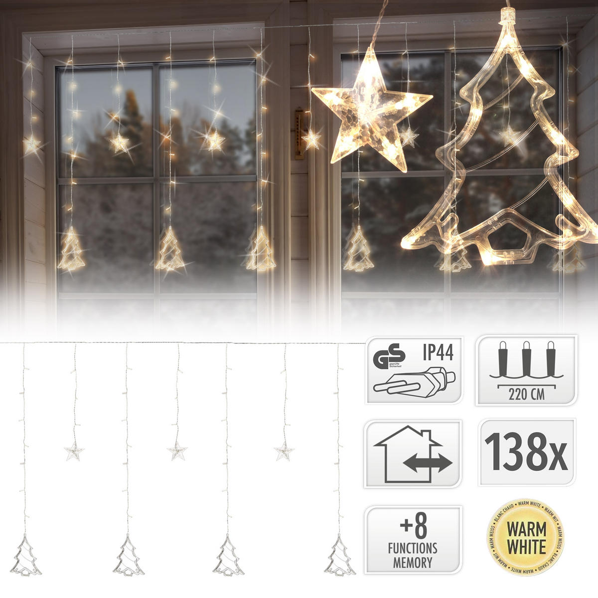 SVĚTELNÝ ŘETĚZ záclona 220 cm se 138 LED diodami teplá bílá - průhledná, plast (420cm) - ECD-Germany