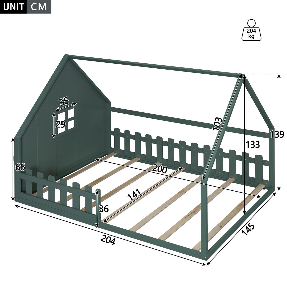 FLACHBETT 140x200cm Grün Kiefer Kinderbett Hausleiste Geländer - Grün, Holz (140/200cm) - FLIEKS