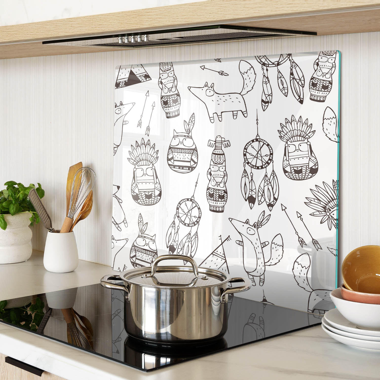 GLASPLATTE 60x52 cm Eulen der amerikanischen Ureinwohner - Braun, Glas (60/0.4/52cm) - TULUP