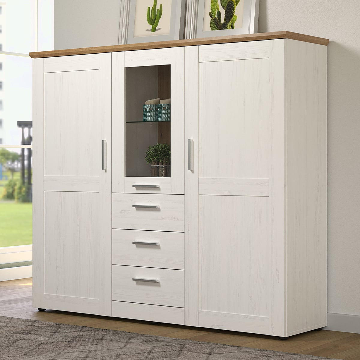 GESCHIRRSCHRANK 3 Türen, davon eine mit gehärtetem Glas, 3 Schubladen L159 cm - Shade - Pinienfarben, Holzwerkstoff (159/140/41cm) - Trendteam
