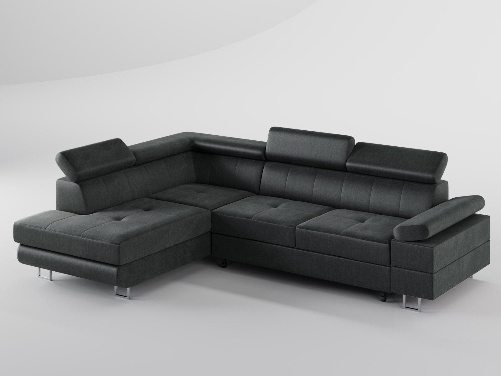 ECKSOFA CAROLINE Links Dunkelgrau Velours-Stoff mit Schlaffunktion und Bettkasten - Chromfarben/Dunkelgrau, Textil (253/190cm) - Barchello