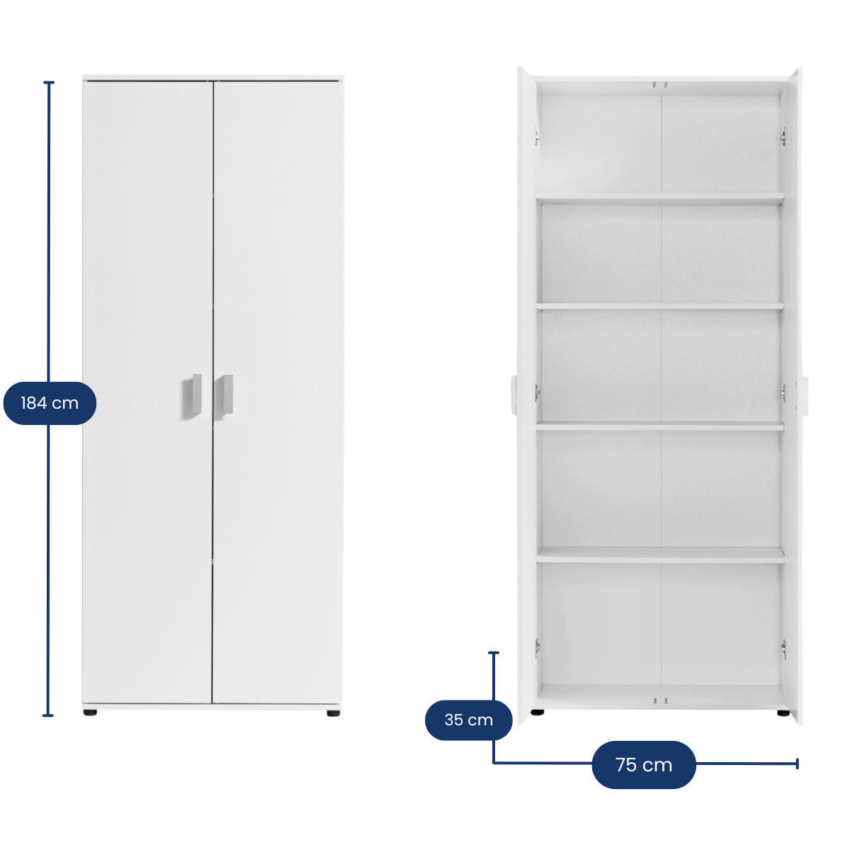 MEHRZWECKSCHRANK mit 2 Türen & 4 Einlegeböden in weiß - Weiß, Holzwerkstoff (35/184/75cm) - Home Collective