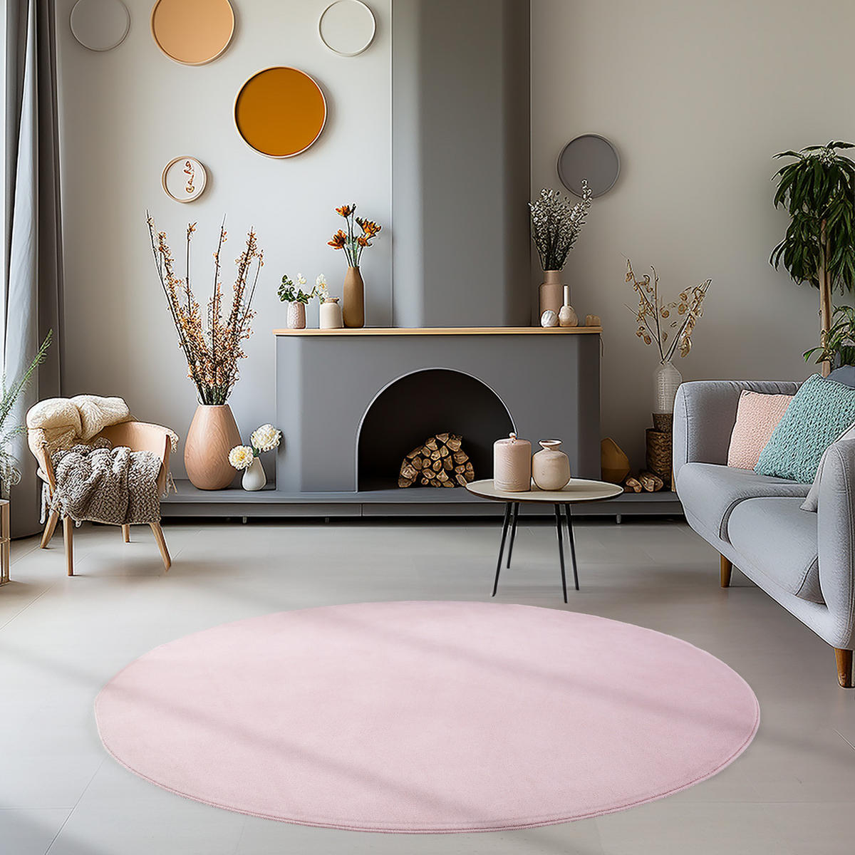 TEPPICH Kurzflor Uni-Farbe Microfaser Antirutsch Wohnzimmer waschbar Rosa Rund 200x200 - Rosa, Textil (200/200cm) - KADIMA DESIGN