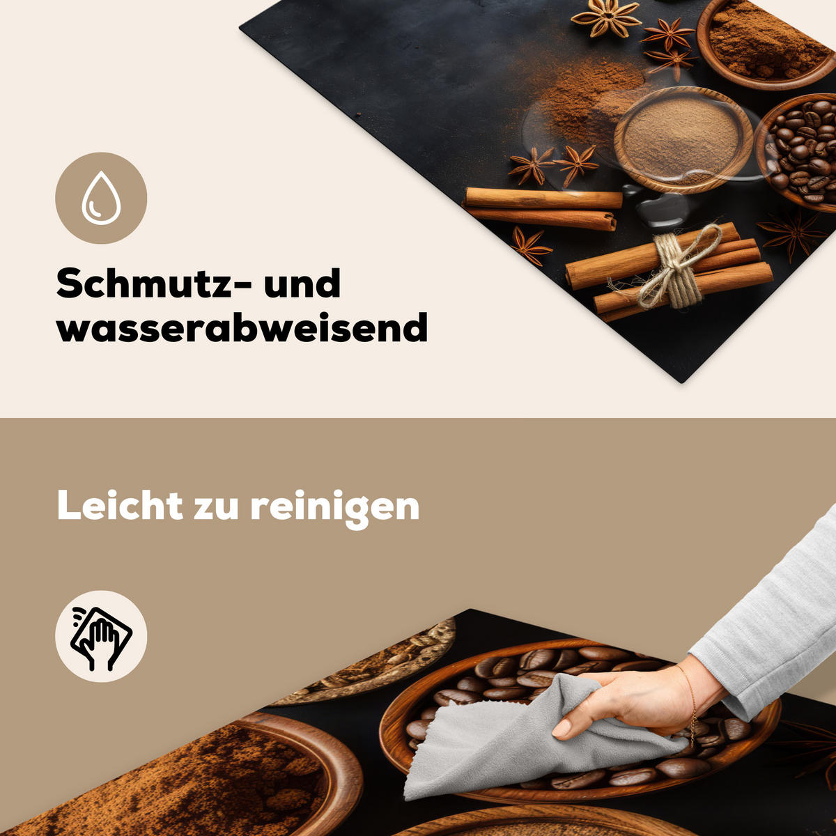 HERDABDECKPLATTE Zimt - Beton - Kaffee - Zimtstangen - Gewürze 85x52 cm - Mokka, Kunststoff (85/0.2/52cm) - MuchoWow