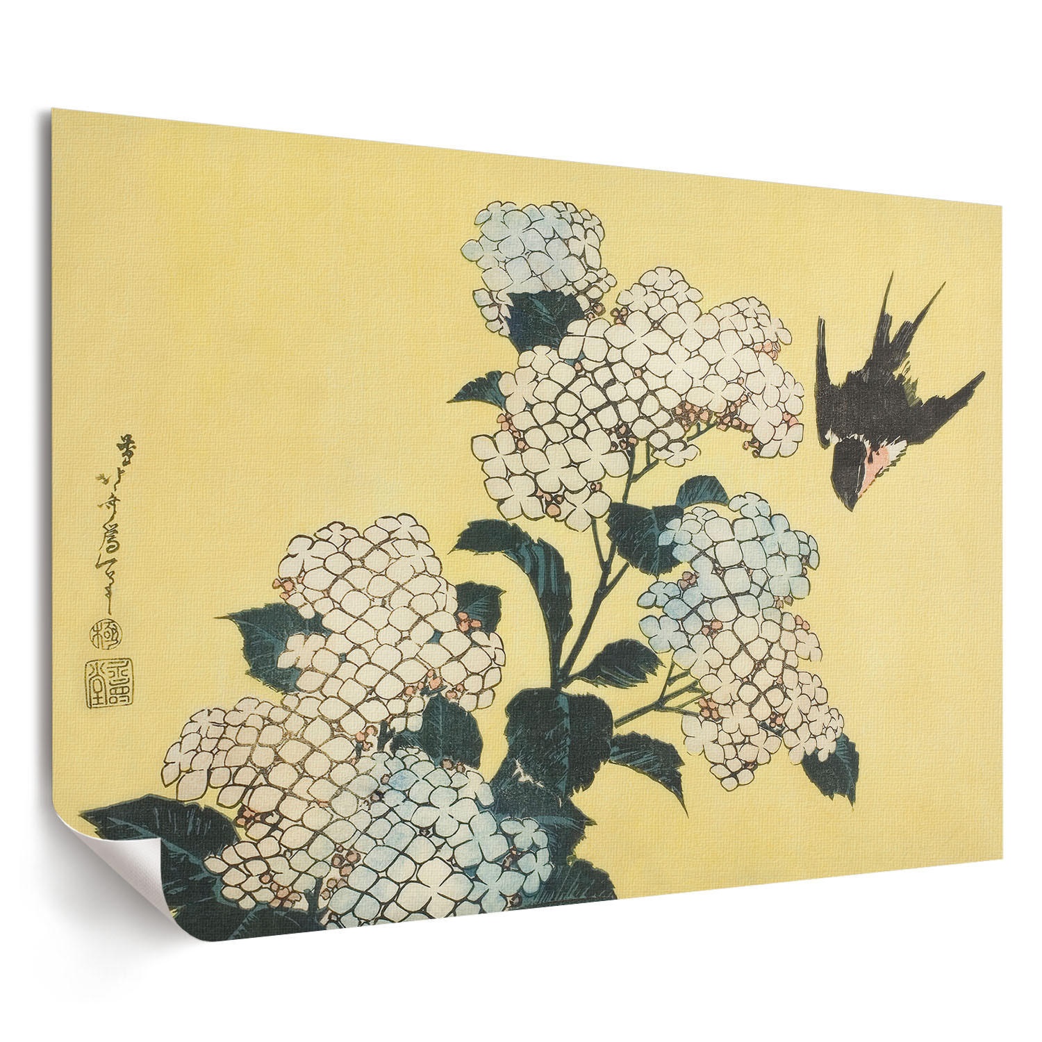 POSTER - 29x21 cm (A4) - Hokusai - Hortensie und die Schwalbe - Gelb, Textil (29.7/21/0.1cm) - TULUP