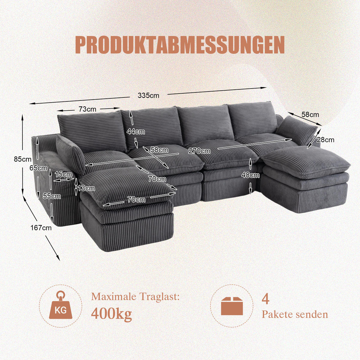 WOHNLANDSCHAFT Cord Dunkelgrau mit Kissen, Hocker und Seitentaschen - Dunkelgrau, Textil (335/85/167cm) - WISHDOR