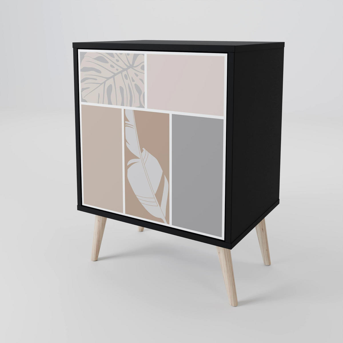 SIDEBOARD TROPICAL SHAPES, Schwarz, 57,5x42x72,5 cm, Schwarze Metallfüße - Multicolor/Schwarz, Holzwerkstoff/Metall (57.5/72.5/42cm) - SpaceRebels