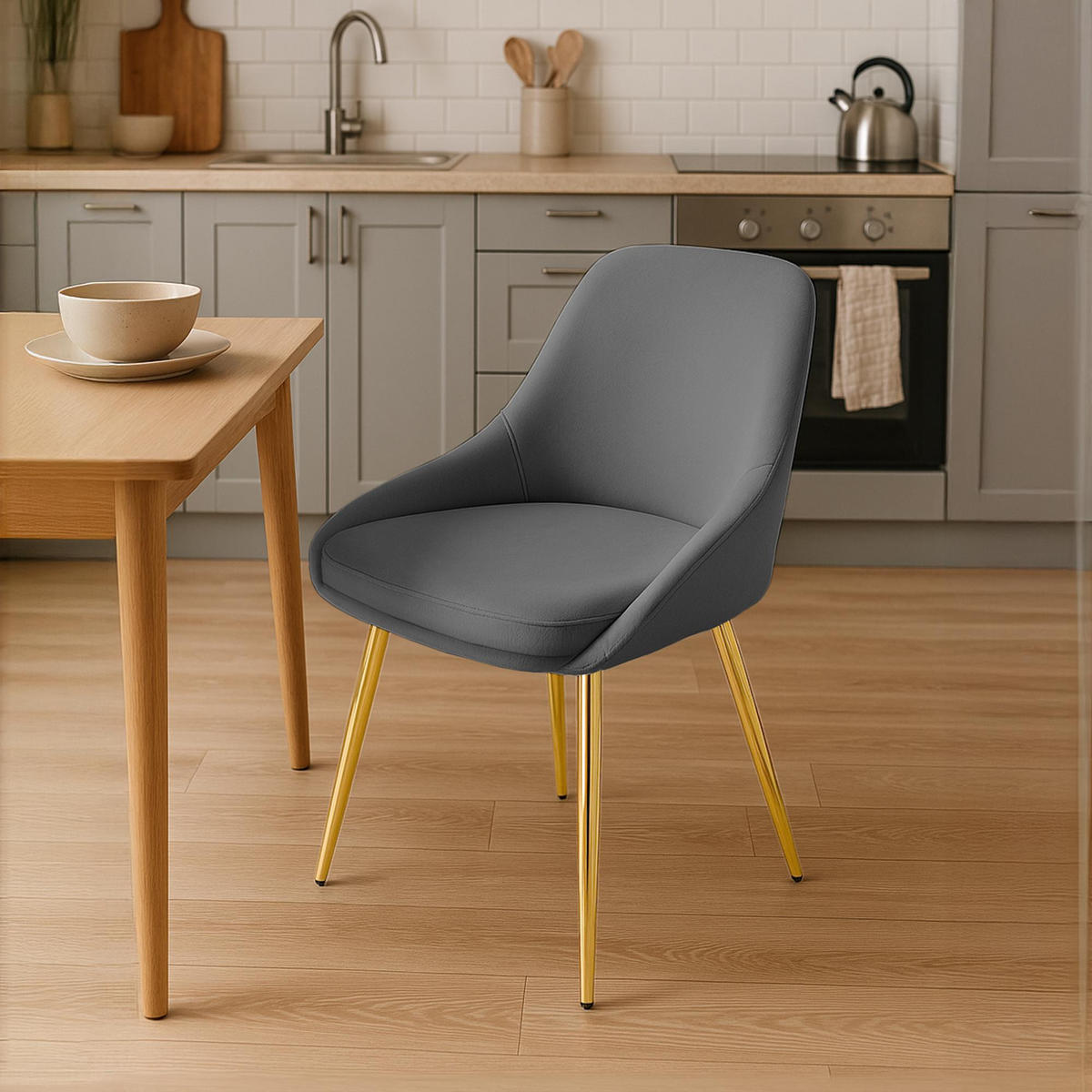 STUHL Samt Dunkelgrau - Dunkelgrau/Goldfarben, Textil (50/86/53cm) - CLP