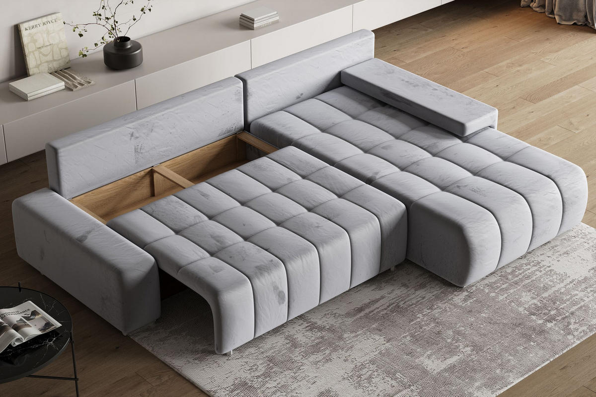 ECKSOFA ALESE R-S Hellgrau Velours-Stoff mit Schlaffunktion - Hellgrau, Holz (265/185cm) - MASSENO