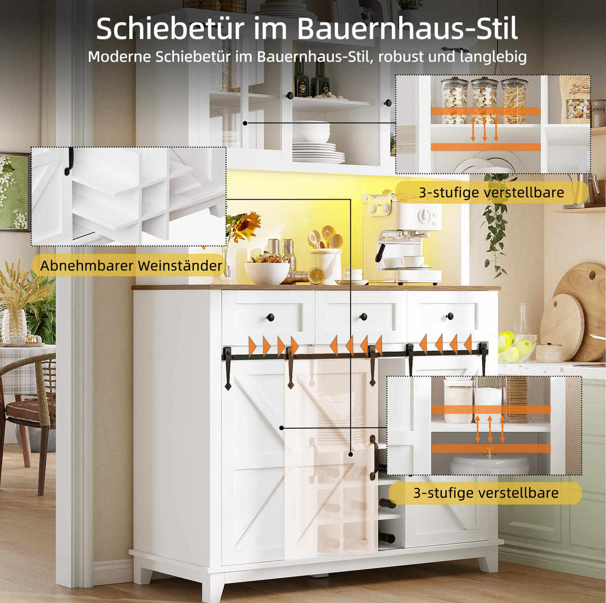 BUFFETSCHRANK 105/38,4/180 cm mit LED-Beleuchtung, verstellbaren Böden und Schiebetür im Scheunenlook, Weiß - Weiß, Holzwerkstoff (105/180/38.4cm) - Redom