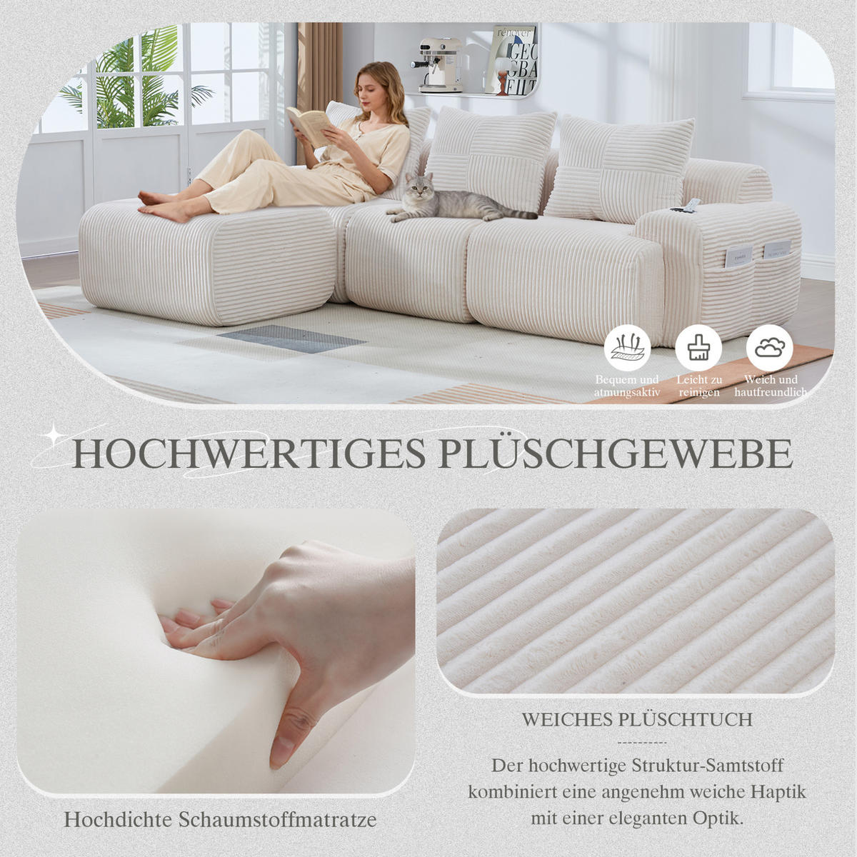 ECKSOFA 268/174/80 cm beige aus Cord mit Cupholder - Beige, Textil (174/268cm) - OKWISH