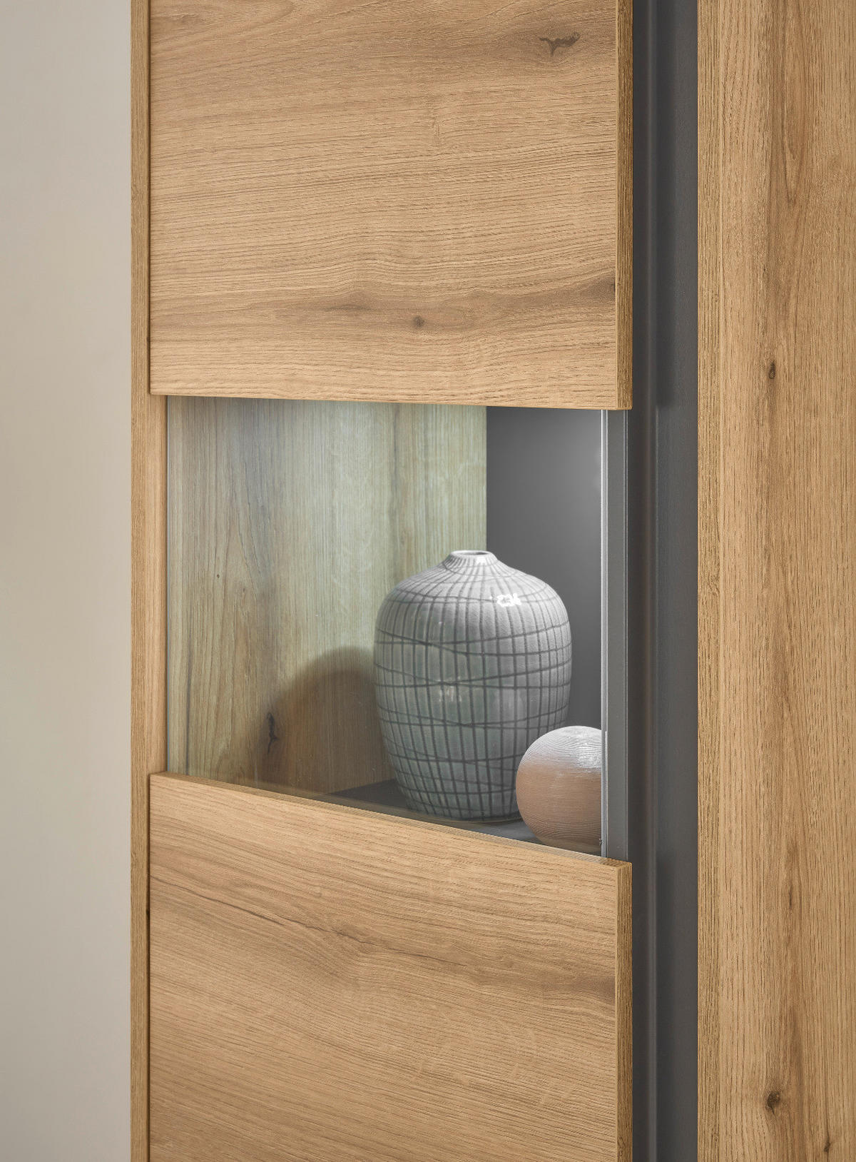 VITRINE Evoke Eiche, grau 50 x 197 cm, Vitrinenschrank 3-türig - Eichefarben/Schwarz, Glas/Holzwerkstoff (50/2/40cm) - Furn.Design