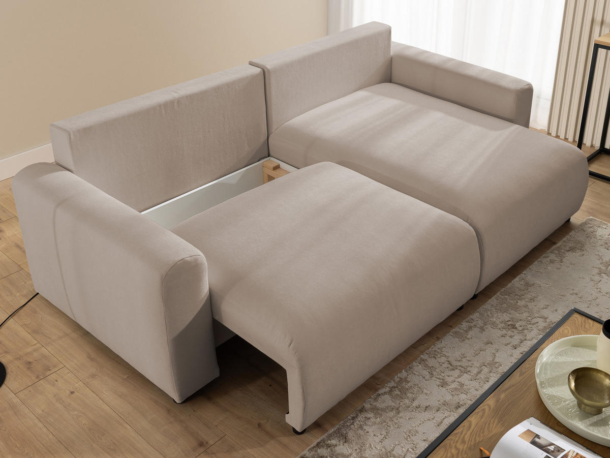 ECKSOFA Calma mit Schlaffunktion und Bettkasten im Bumpy-Design aus weichem Greige Webstoff - Ottomane rechts - Greige/Schwarz, Holz/Kunststoff (140/239cm) - S-Style