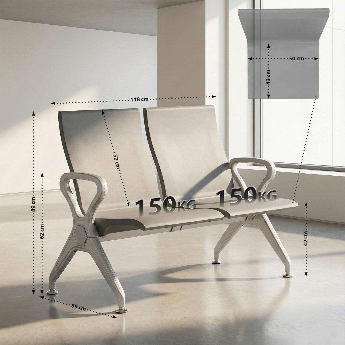 WARTEBANK Kunststoff Grau - Grau, Kunststoff/Metall (118/89/59cm) - CLP