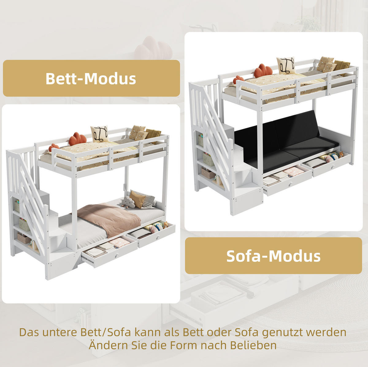ETAGENBETT 90/200 cm Weiß mit Lattenrost und Treppenschrank - Weiß, Holz (90/200cm) - MIVRAY