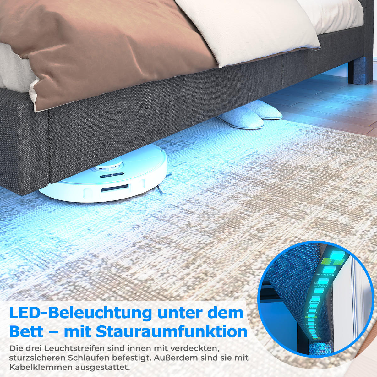 BETT 160x200 cm mit Boxspring, mit LED und USB, Schwebebett für 2 Personen, gepolstertes Kopfteil mit Stauraum, Grau - Grau, Metall
