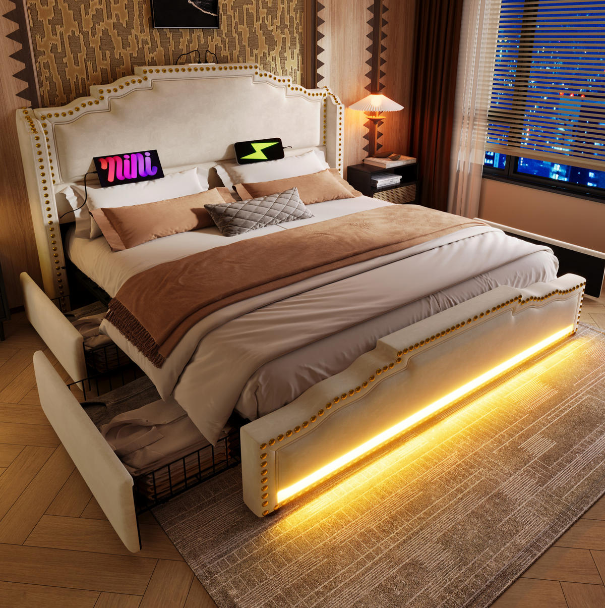 POLSTERBETT mit 4 Schubladen und LED 140x200 cm Samt Beige - Beige, Metall (140/200cm) - Meubliv