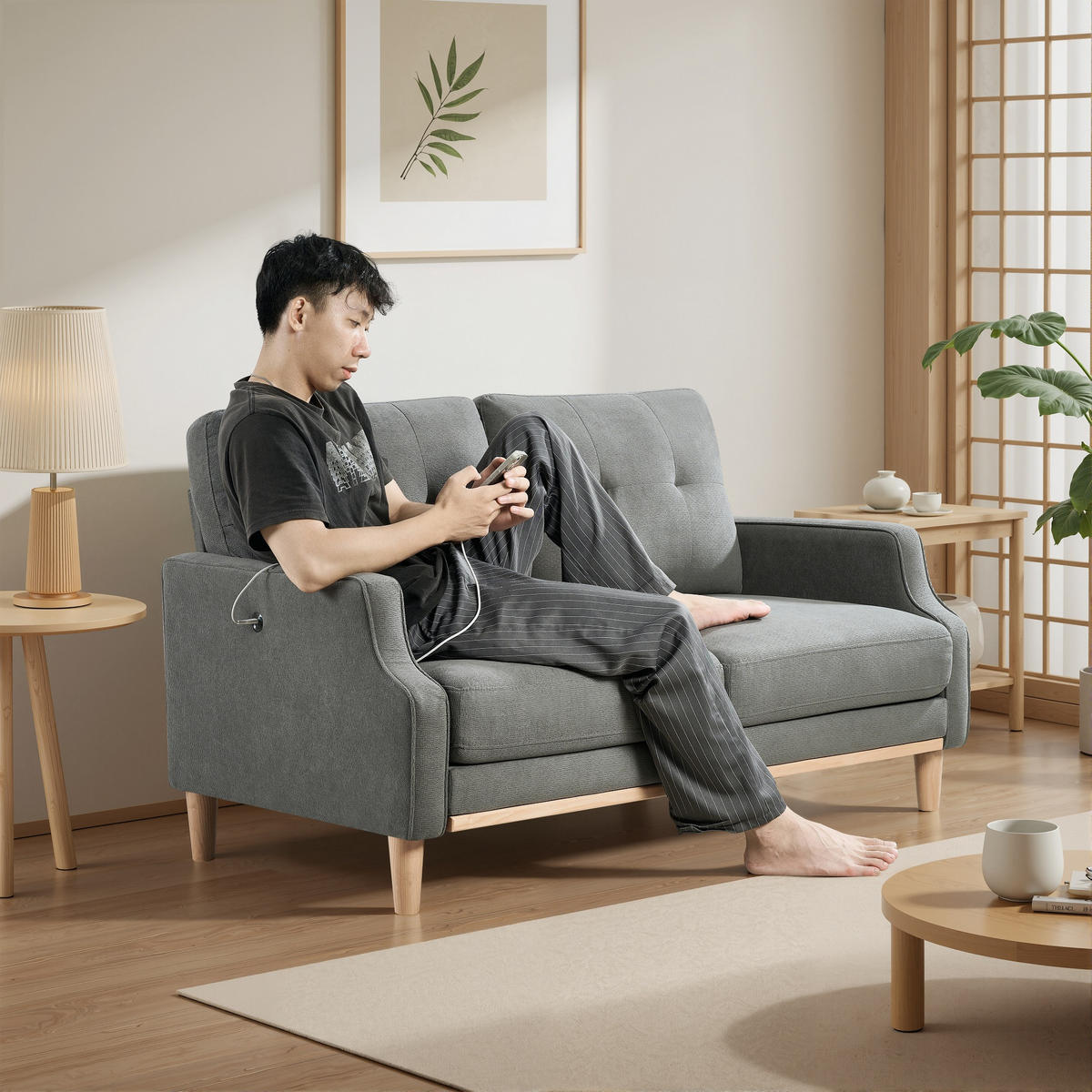 2-SITZER SOFA Polyester Dunkelgrau mit USB - Dunkelgrau, Holz/Holzwerkstoff (135/85/72cm) - WISHDOR