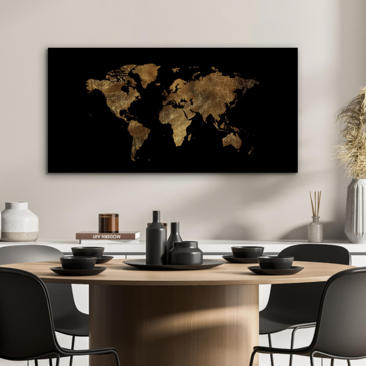 KOVOVÝ OBRAZ Mapa sveta - Zlato - Luxus - Zem - Čierna 80x40 cm - zlatá, kov (80/40cm) - MuchoWow