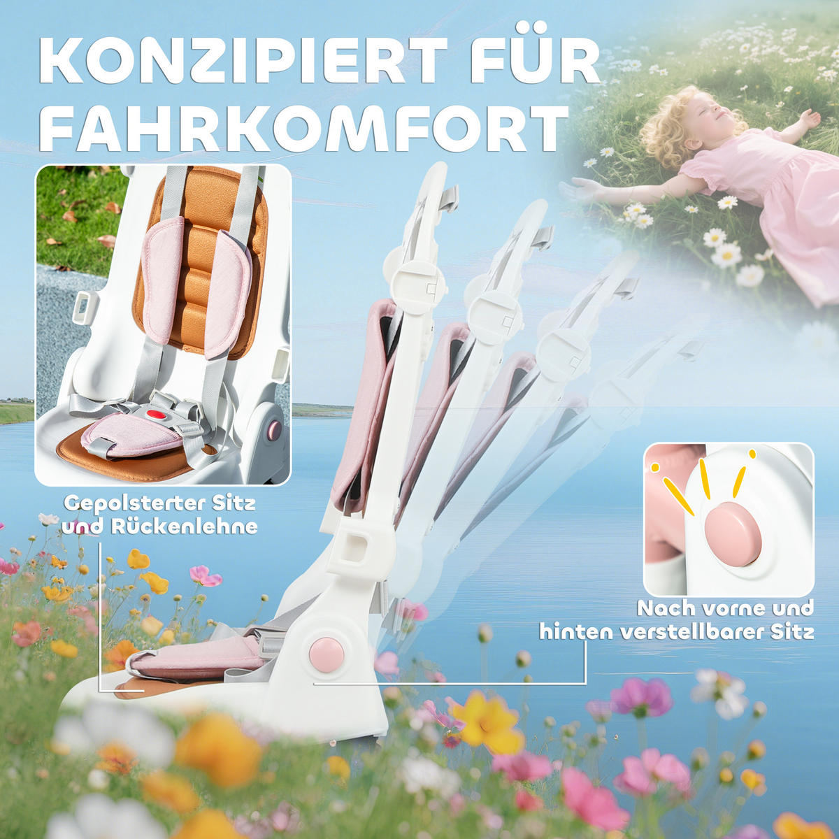 DREIRAD 5-in-1 mit Schubstange für 1-3 Jahre Faltbar mit reversiblem Sitz Rosa - Rosa, Metall (96.5/49/101cm) - AIYAPLAY