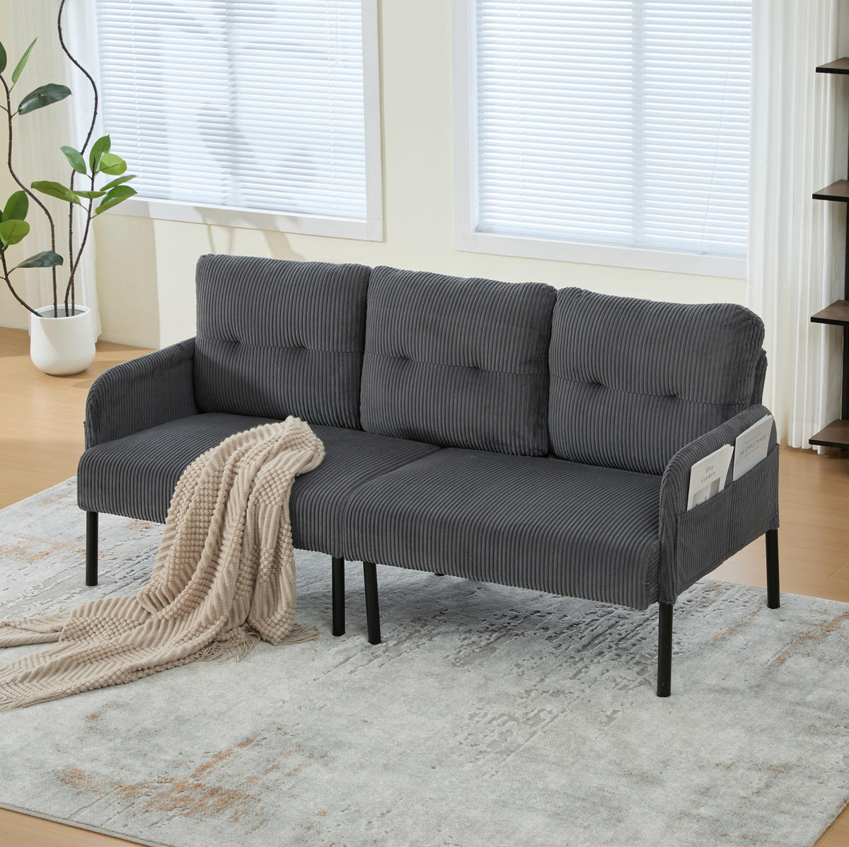 3-SITZER-SOFA 171/72/80 cm aus Cord mit Seitentasche Grau - Grau, Textil (72/80/171cm) - Modenvie