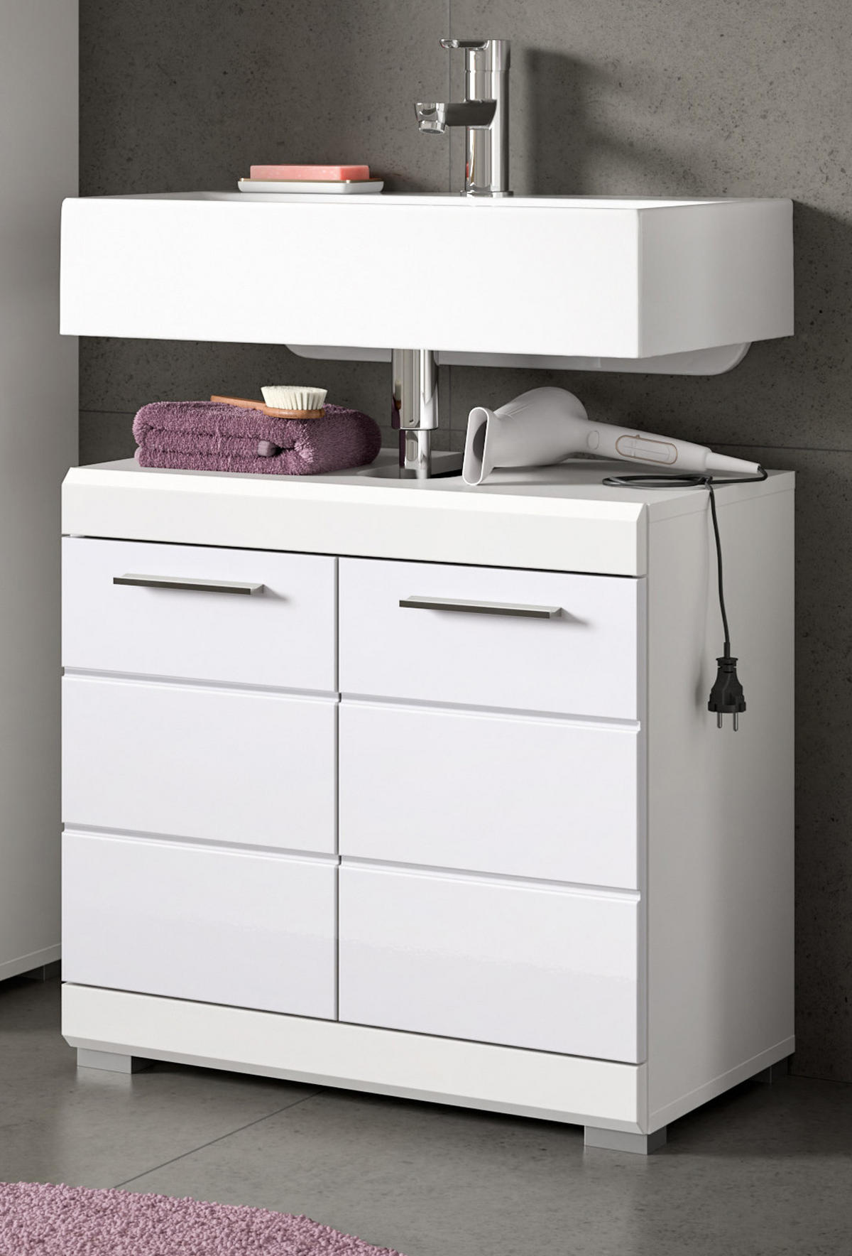 WASCHBECKENUNTERSCHRANK weiß Hochglanz 60 cm mit Rillenoptik - Weiß Hochglanz/Silberfarben, Holzwerkstoff/Kunststoff (60/56/34cm) - Inn.Furn