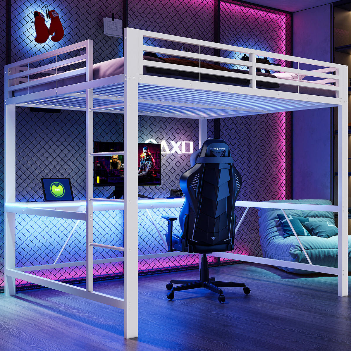 HOCHBETT 160/200 cm in Weiß mit LED, USB und Schreibtisch - Weiß, Metall (160/200cm) - CHICFURN