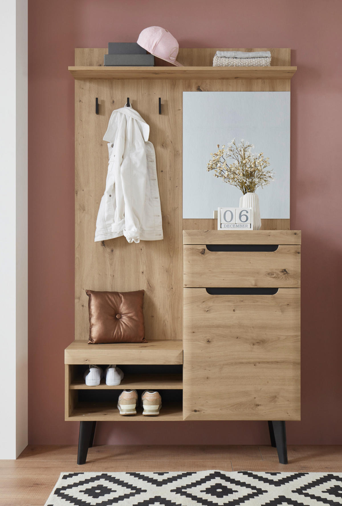 GARDEROBE Eiche Artisan, schwarz 110 cm, Kompaktgarderobe skandinavisch - Eichefarben/Schwarz, Holzwerkstoff/Metall (110/200/34cm) - Furn.Design