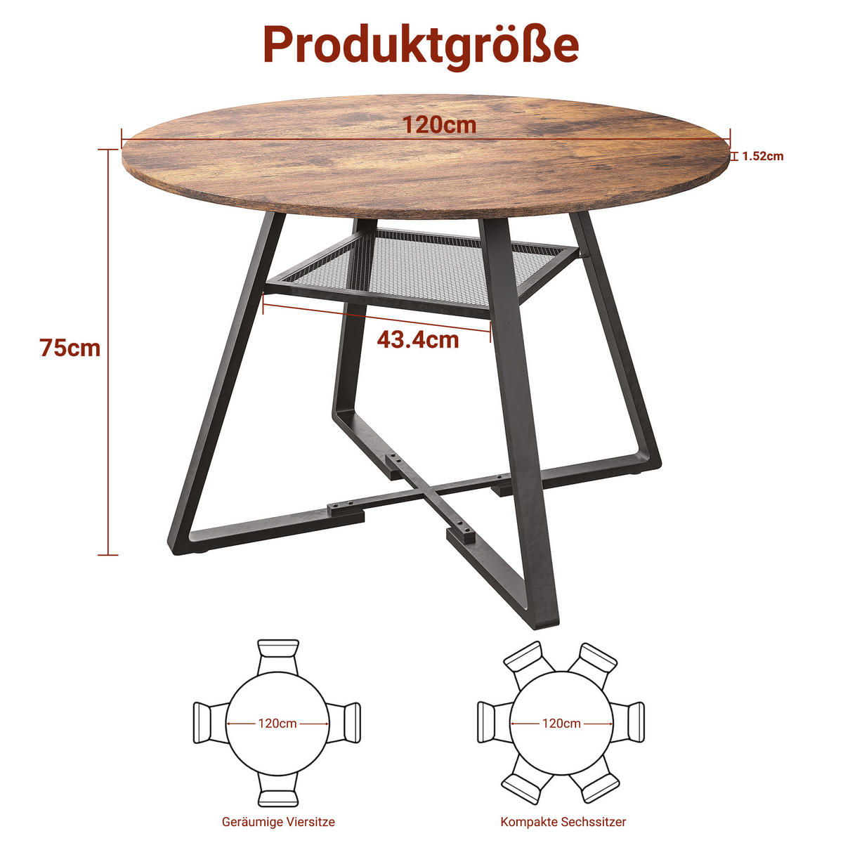 ESSTISCH Ø120 cm im Vintage-Stil Holzoptik - Schwarz, Holz (120/120/75cm)
