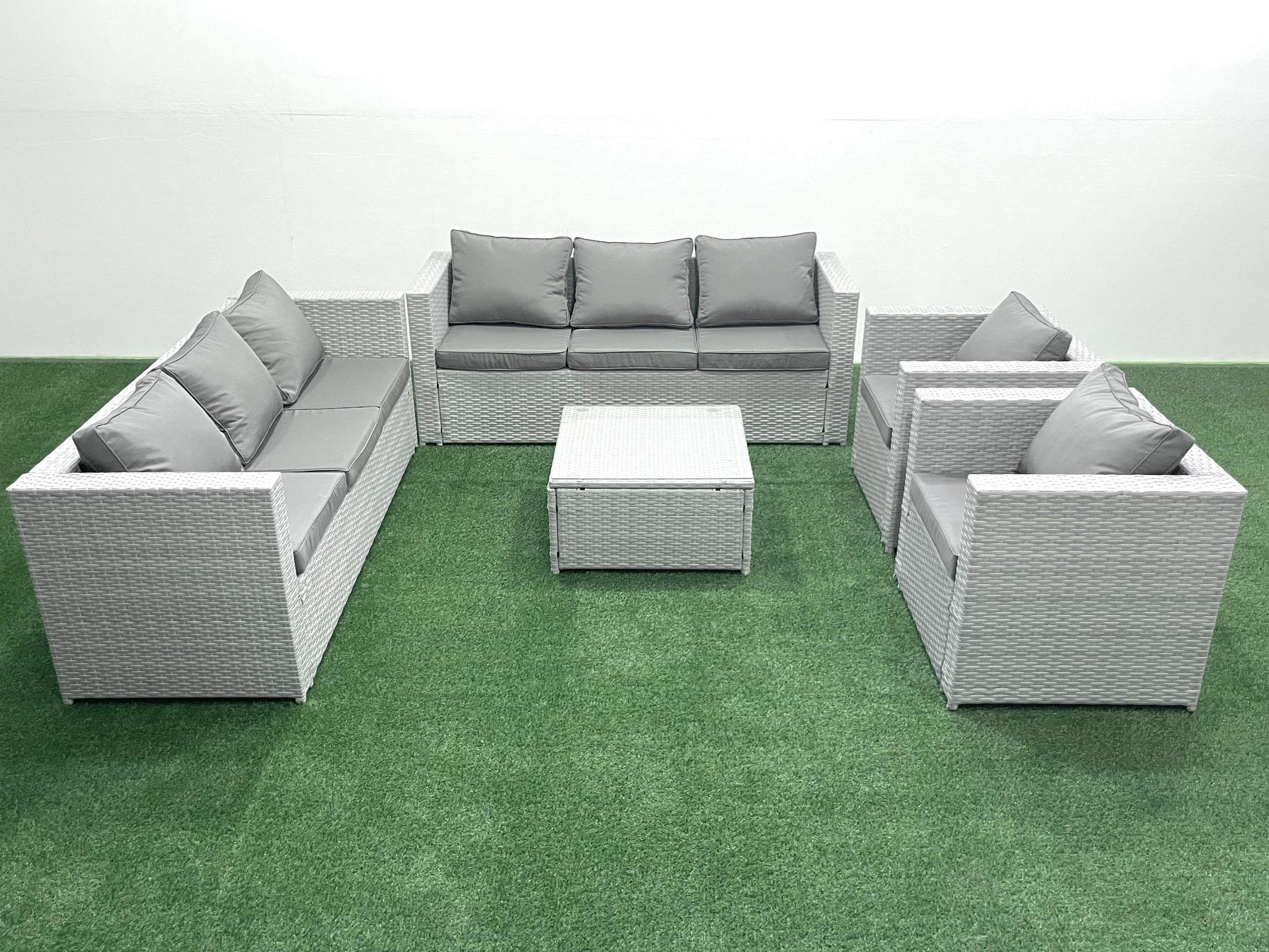 GARTENMÖBEL-SET mit Kissen Polyrattan Hellgrau-Mix 8-Sitzer - Hellgrau/Grau, Glas/Kunststoff - Fimous