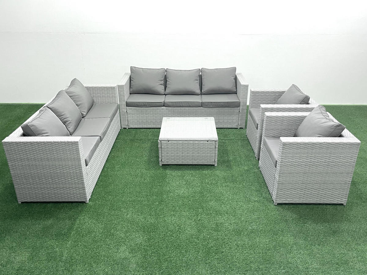 GARTENMÖBEL-SET mit Kissen Polyrattan Hellgrau-Mix 8-Sitzer - Hellgrau/Grau, Glas/Kunststoff - Fimous