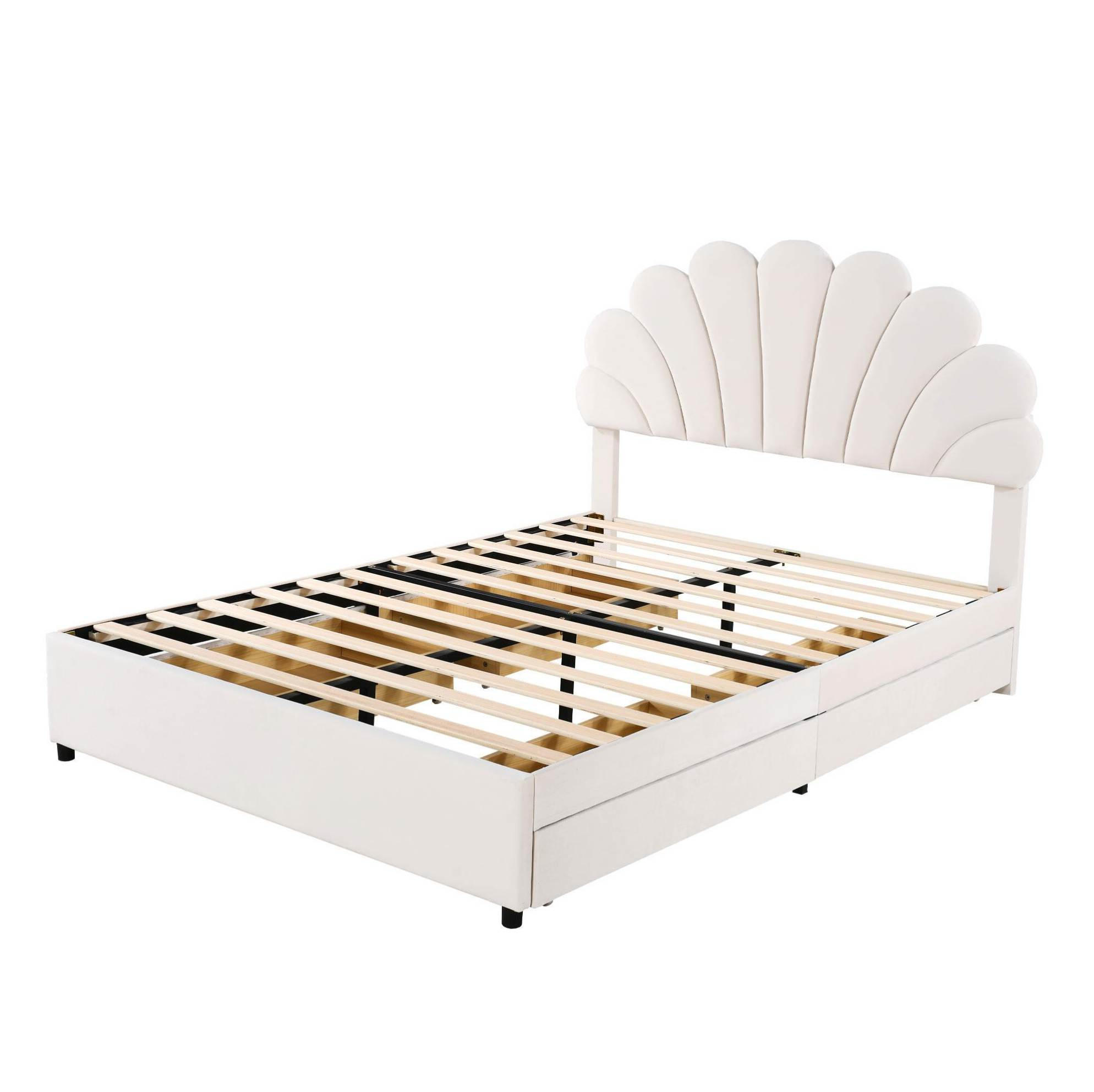 POLSTERBETT 140/200 cm aus Samt mit blütenförmigem Kopfteil und 4 Schubladen Beige - Beige, Textil (140/200cm) - Modenvie