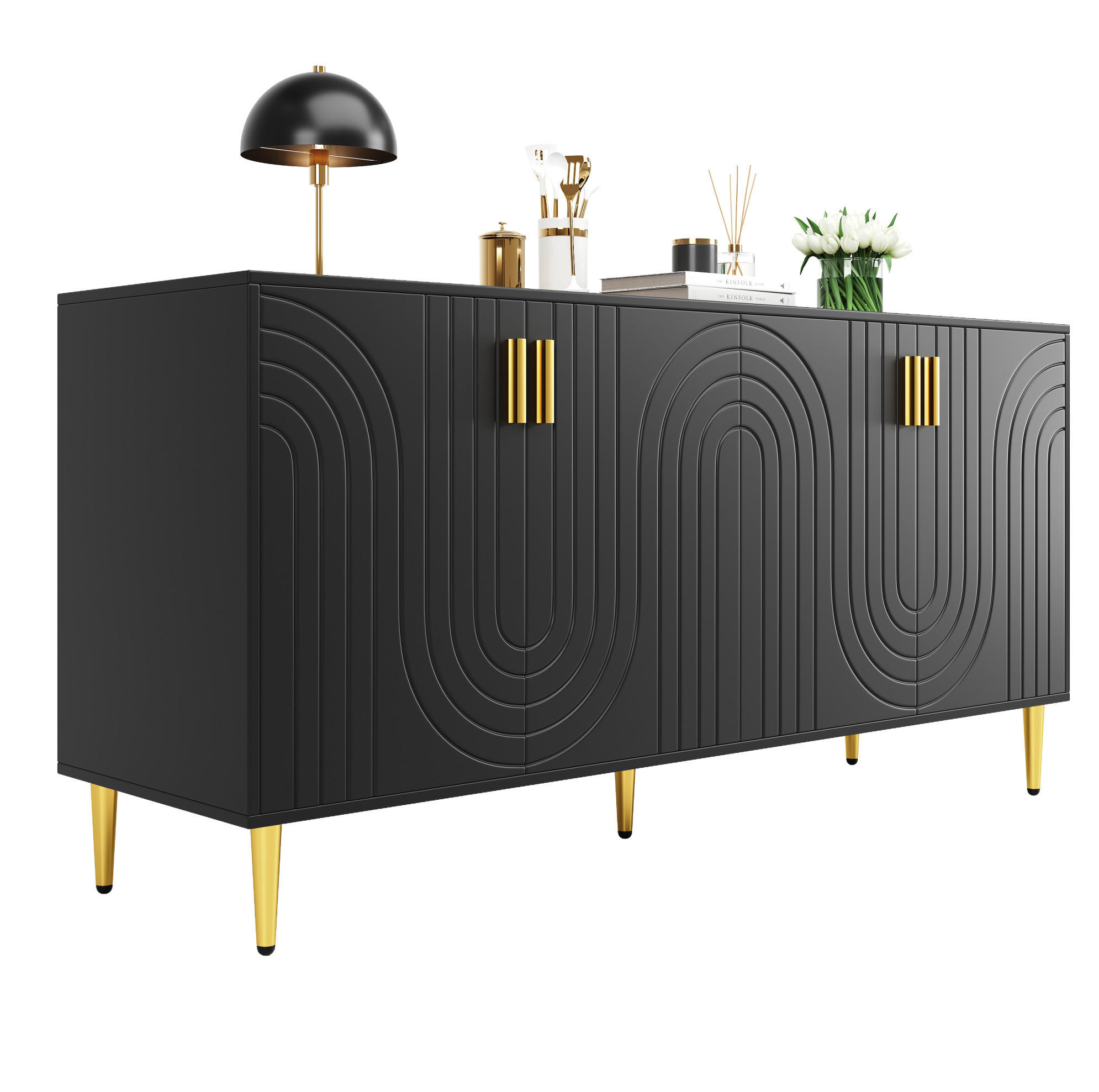 SIDEBOARD 152/40/75 cm in Schwarz mit Wellenfront und goldfarbenen Details - Schwarz, Holzwerkstoff (152/75/40cm) - Flora Grace