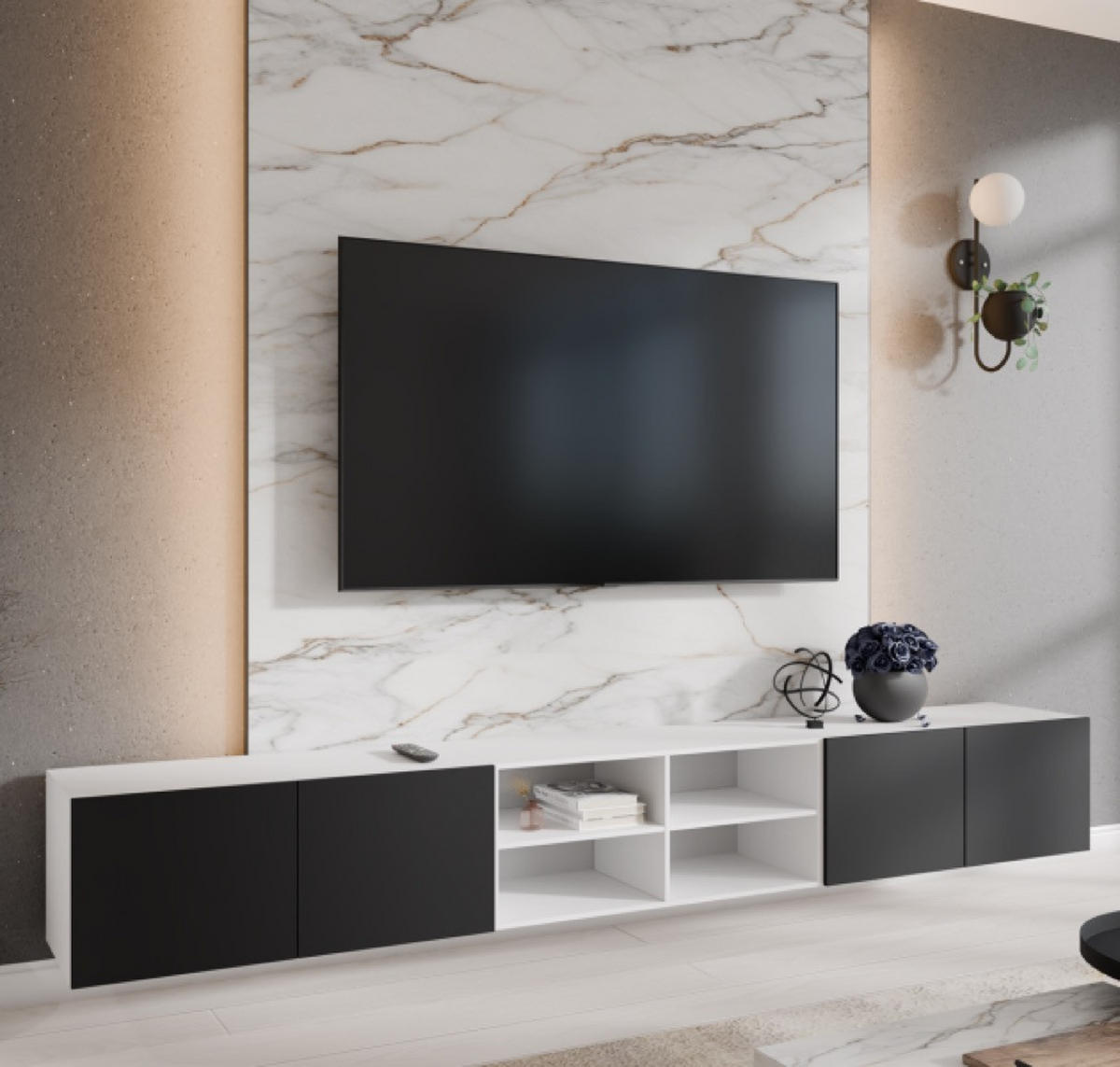 TV-SCHRANK Weiß Schwarz LION Offene Mit Regalen 300 cm - Schwarz, Holzwerkstoff (300/41/40cm) - Sepro Meble