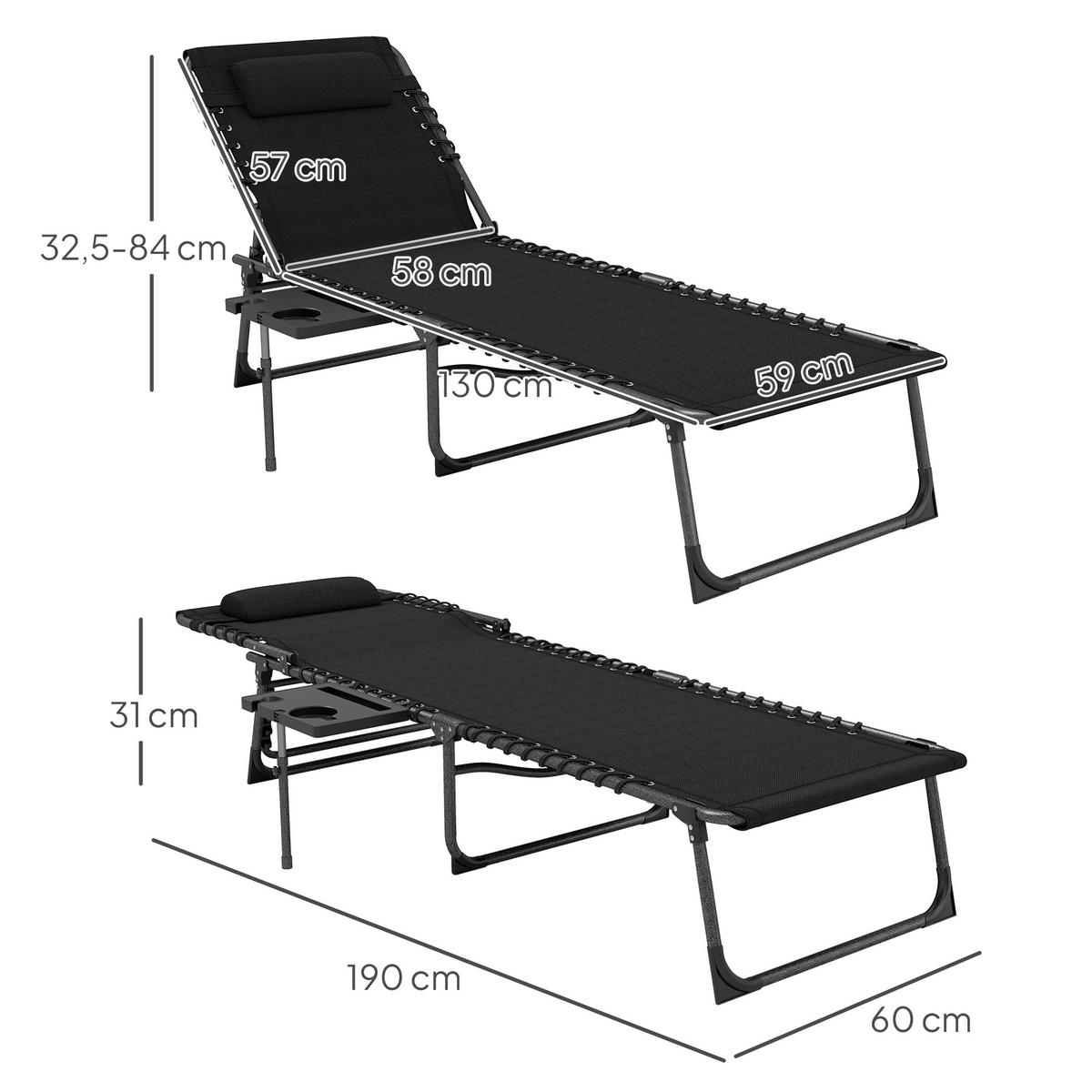 SONNENLIEGE DE-15647 5-fach verstellbar mit Tablett Schwarz - Schwarz, Metall (60/31/190cm) - ComfortXL