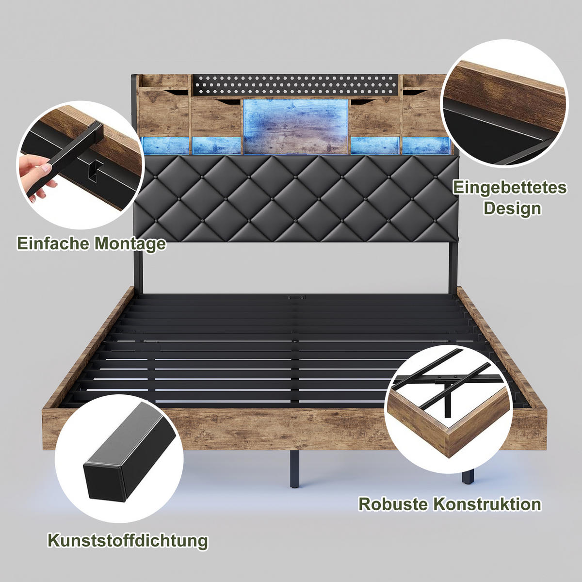 POLSTERBETT 160x200 cm LED USB Stauraum Lattenrost schwarz - Schwarz, Holz (160/200cm) - LEBENLANG