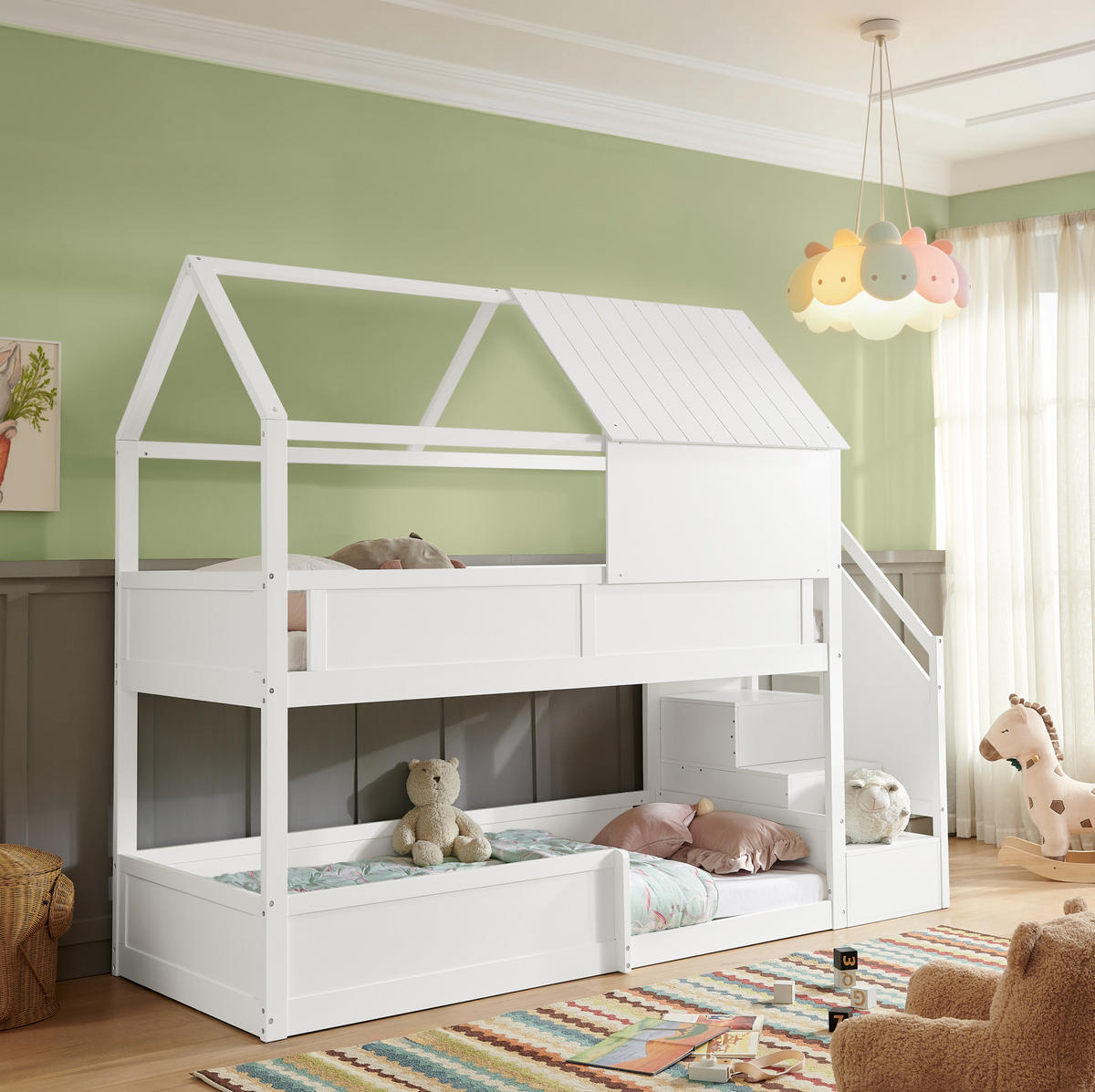 ETAGENBETT 80x200 cm in Weiß mit Dachdesign, Treppe und Sicherheitsgeländern - Weiß, Holz (80/200cm) - IVMEU