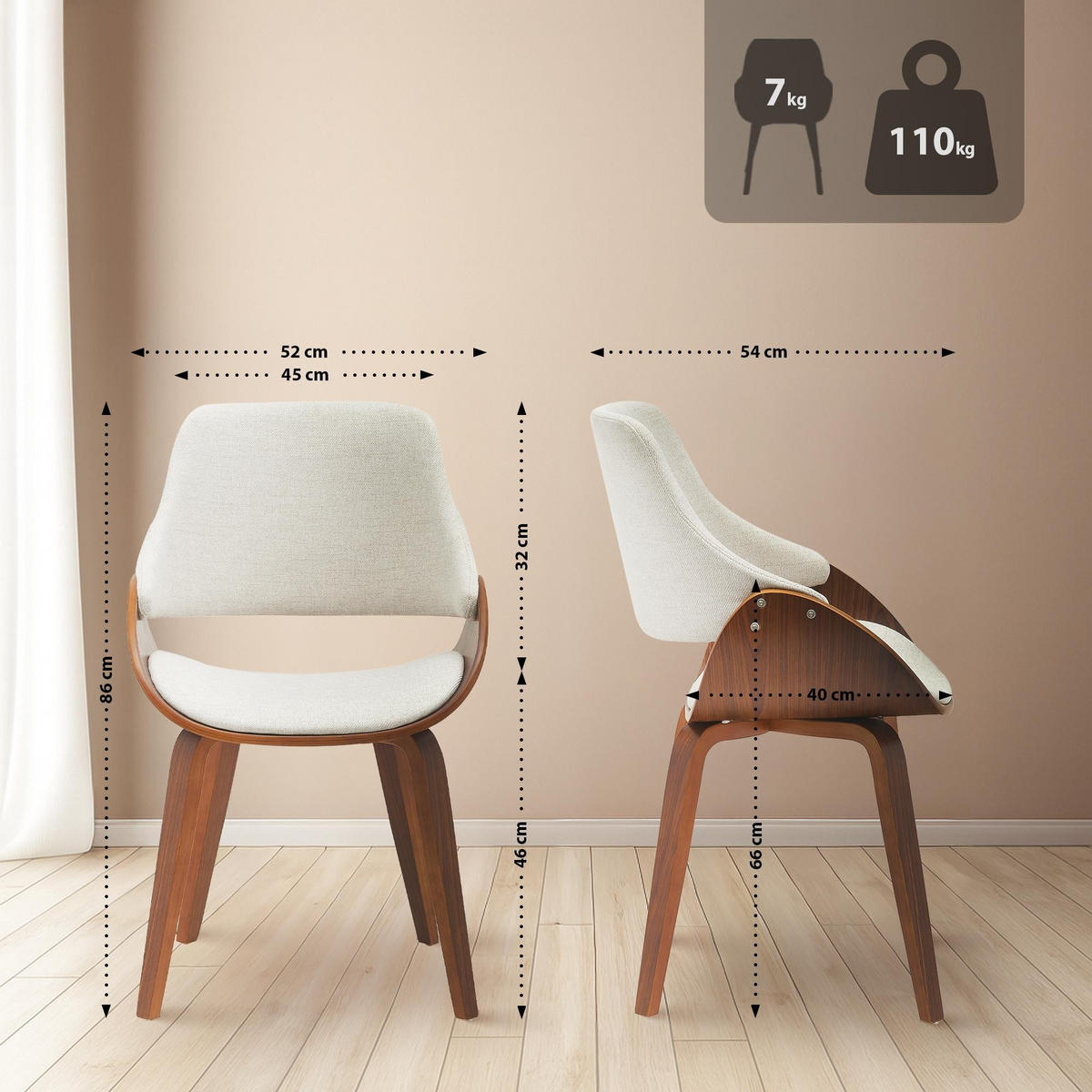 ESSZIMMERSTUHL Vangale 2er Set 86x52x54 cm walnuss/creme - Nussbaumfarben, Holz (52/86/54cm) - furnicato
