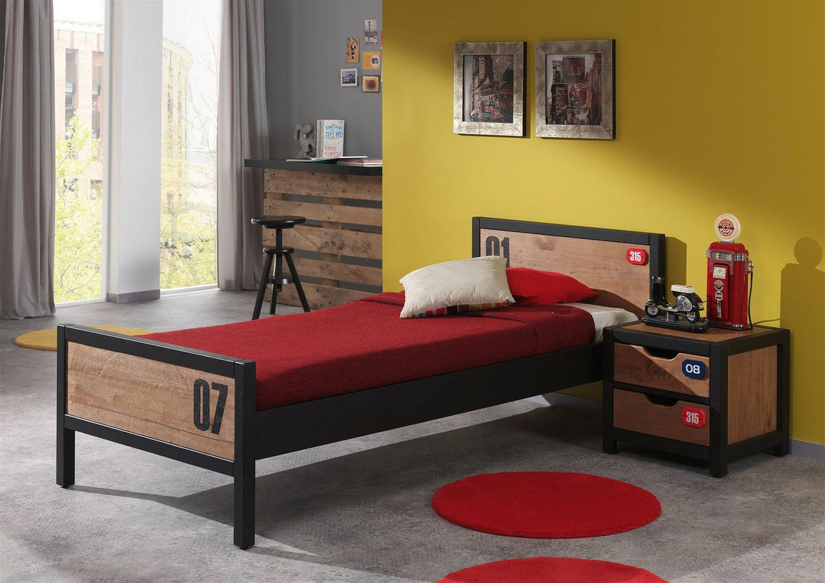 BETT mit Nachtkommode Kameko aus Holz+MDF in Schwarz/Natur - Cognac/Schwarz, Holz (90/200cm) - 58aufmkessel