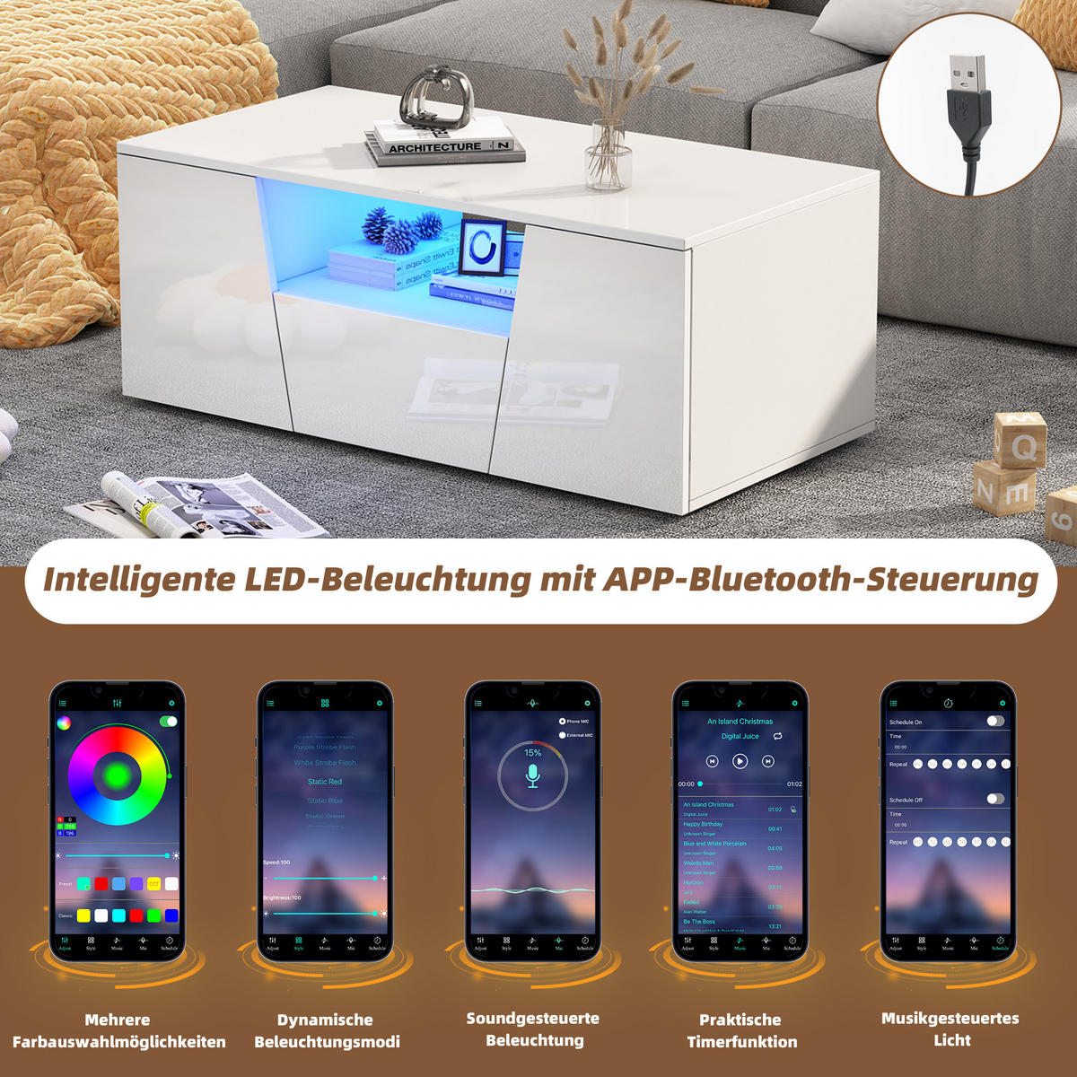 COUCHTISCH DE-098 LED Weiß - Weiß, Holzwerkstoff (50/100/40cm) - ComfortXL