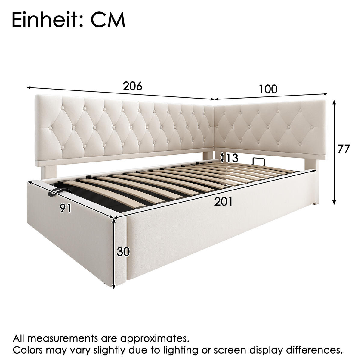 POLSTERBETT 90/200 cm mit hydraulischem Stauraum, flexibel montierbarem Kopfteil und Lattenrost, Beige - Beige, Textil (90/200cm) - Redom