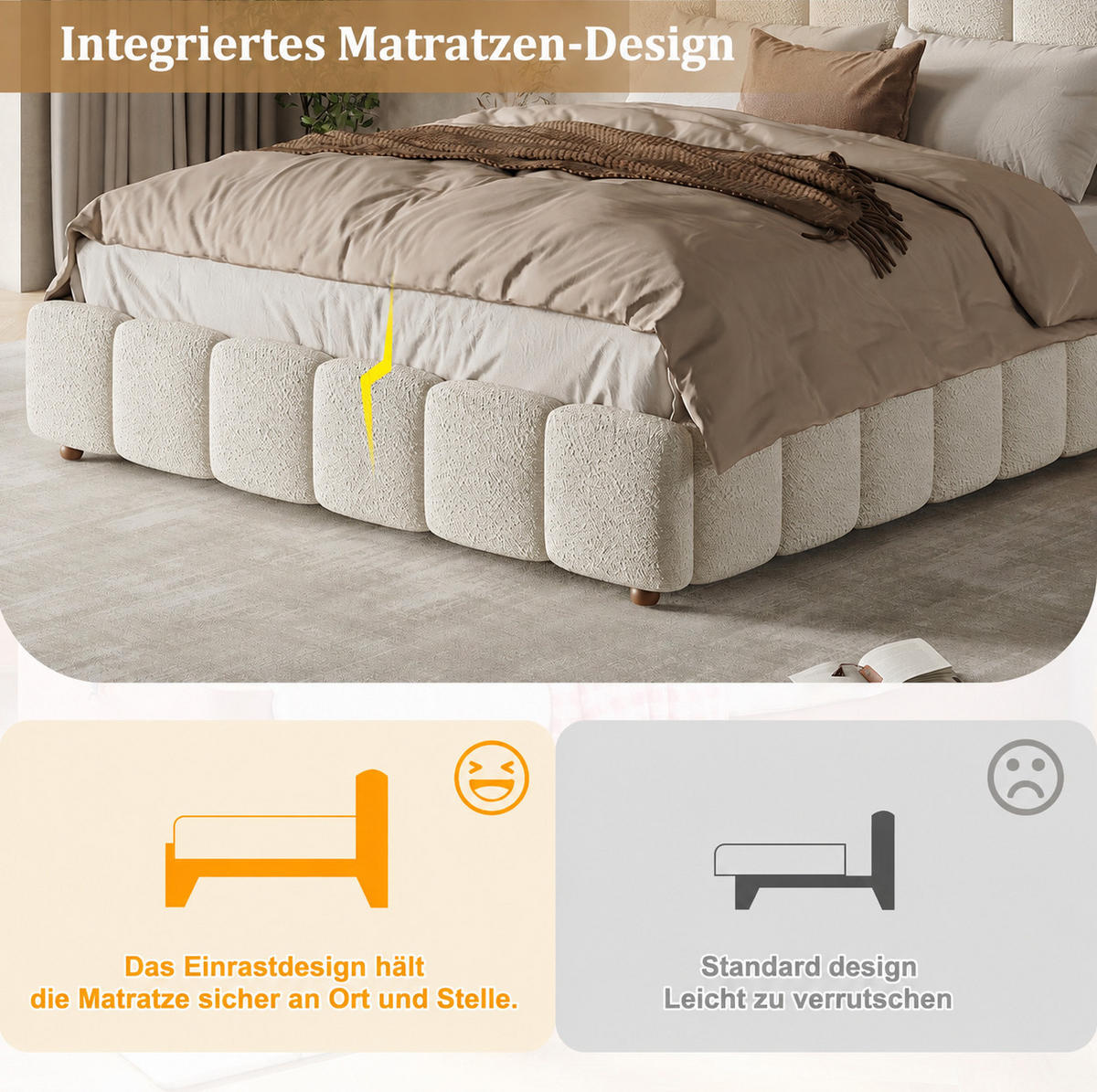 POLSTERBETT aus Bouclé 140x190 cm Weiß mit hydraulischem Bettkasten und Lattenrost - Weiß, Textil (140/190cm) - Modfu