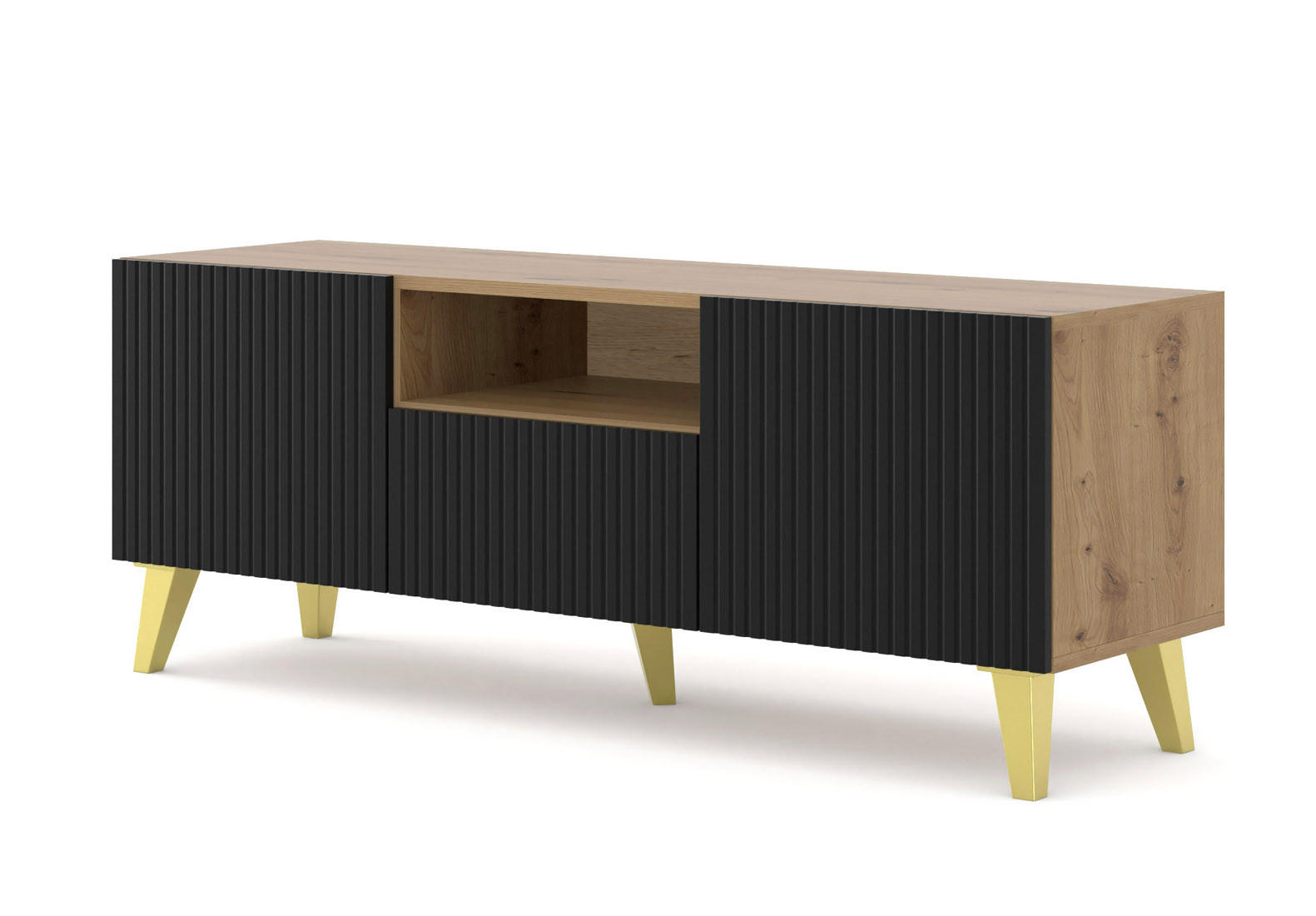 Raumhirsch Furniture TV Eiche Artisan, Schwarz, Gold 150x56x42 cm