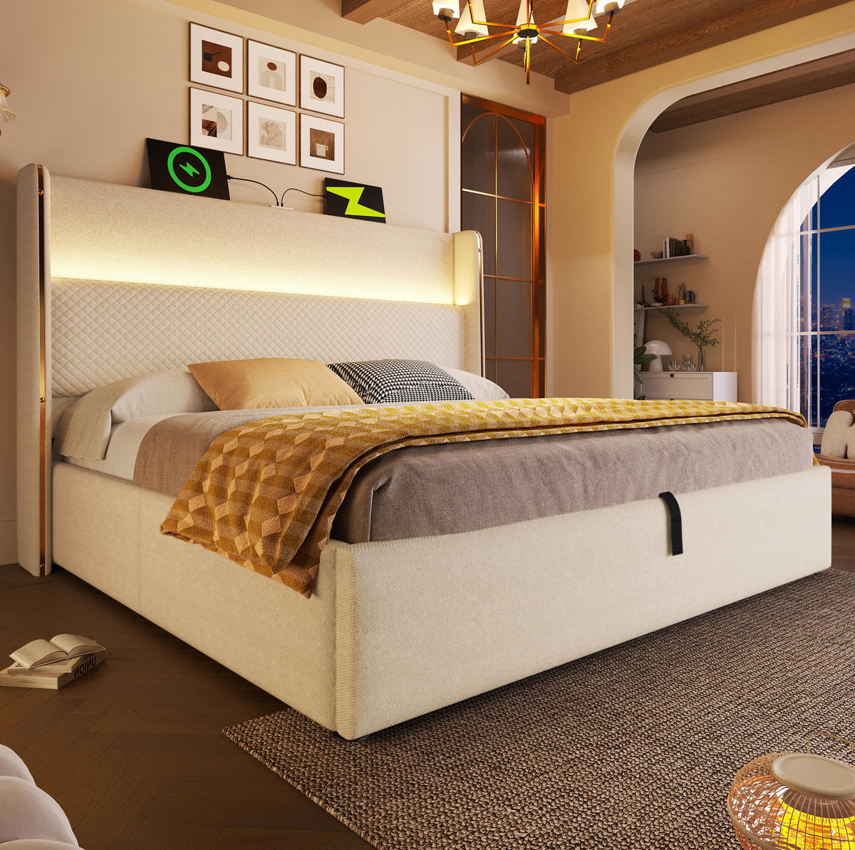 POLSTERBETT 180/200 cm mit hydraulischem Bettkasten, LED-Kopfteil & USB/Type-C, Beige - Beige, Textil (180/200cm) - Redom