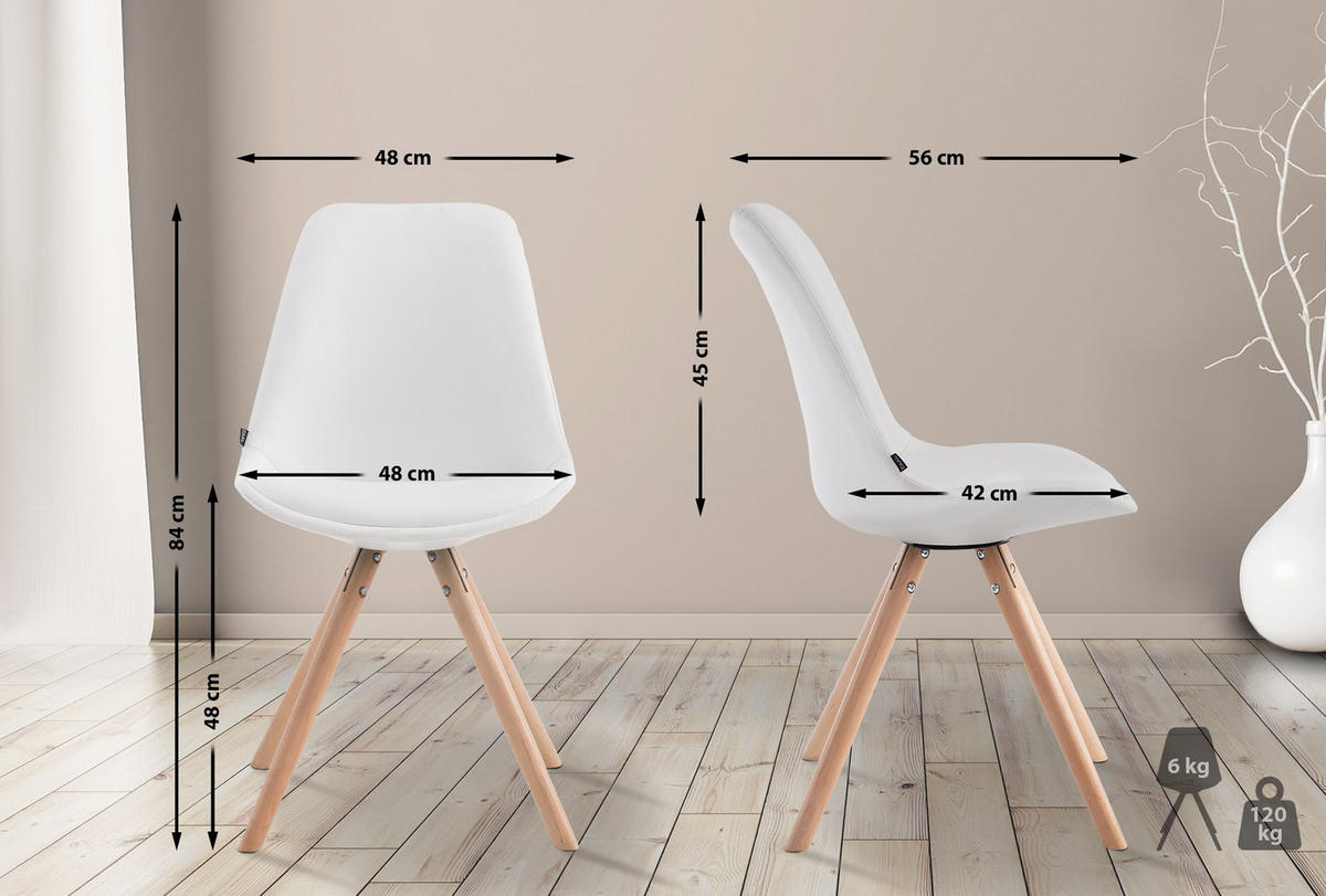 STUHL Lederlook weiß - Eukalyptusholzfarben/Weiß, Holz/Textil (48/84/56cm) - CLP