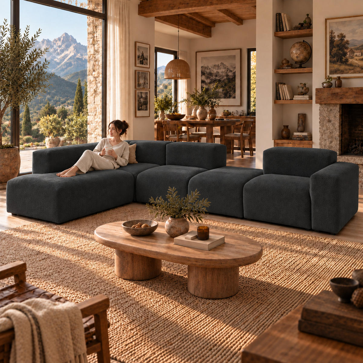 5-SITZER modulares Ecksofa HEAVEN SET 5 Links, Breite 380 cm Webstoff Schwarz - Schwarz, Holz/Kunststoff (380/245cm) - Muffo