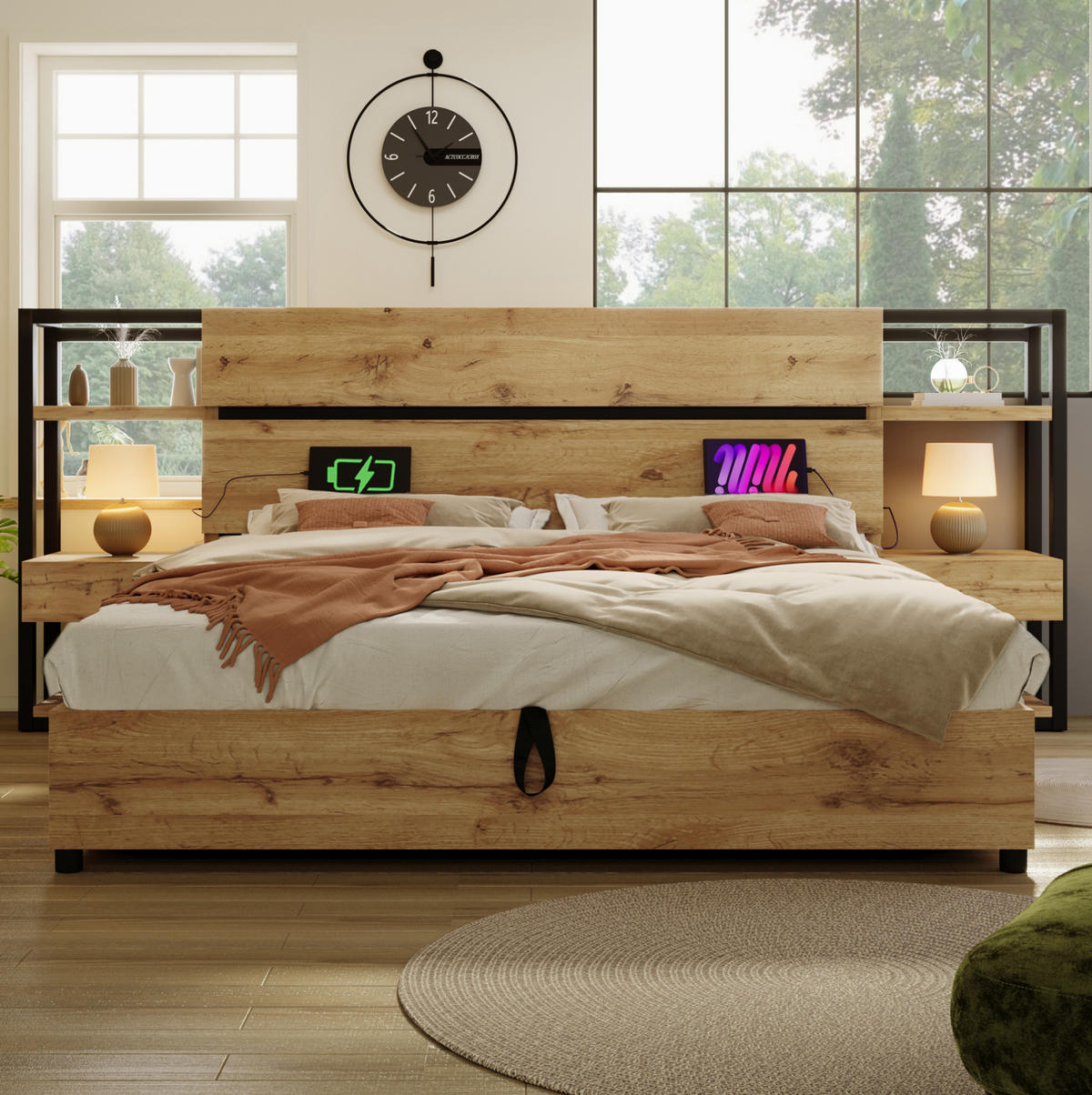 DVOJLŮŽKOVÁ postel z MDF a kovu 180x200 cm dubová s úložným čelem, USB a Type-C nabíjením - barva dubu, kompozitní dřevo (180/200cm) - Modfu