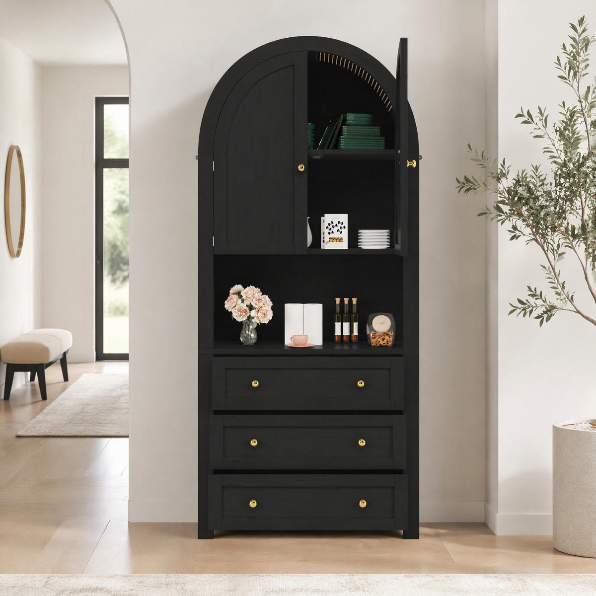 HIGHBOARD in Schwarz mit Schubladen, Türen und offenen Regalen für Wohnzimmer, B70/T35/H180cm - Schwarz, Holzwerkstoff/Metall (70/180/35cm) - STILVORA