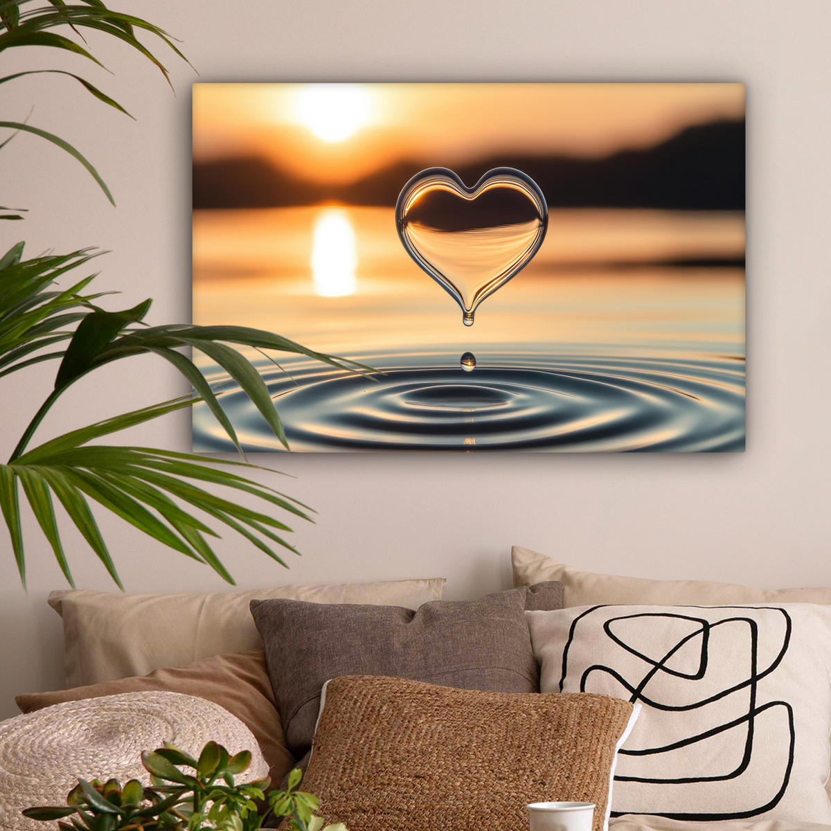 LEINWANDBILD - Herz - Wasser - Sonnenuntergang - Natur - Zen - 60x40 - Wanddeko Schlafzimmer - Bernsteinfarben, Textil (60/40cm) - MuchoWow
